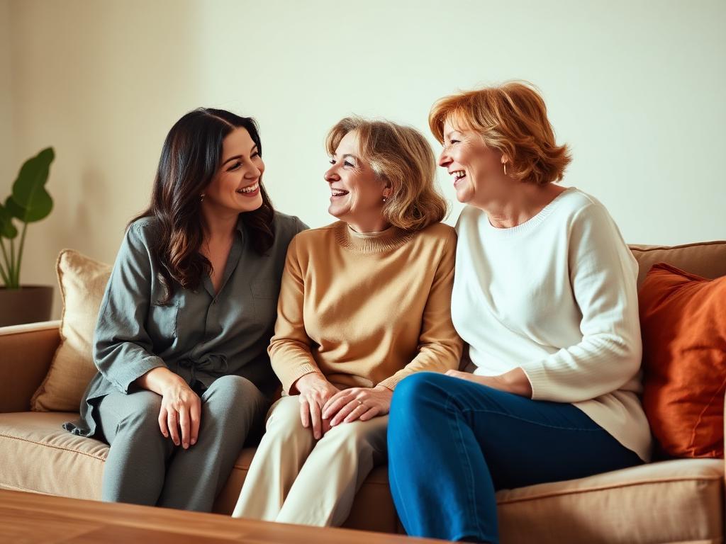 Women laughing together in a warm living room
